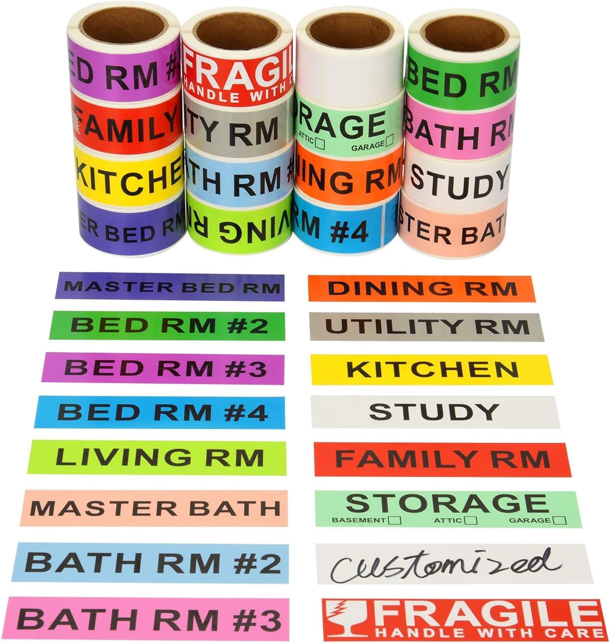 960 Home Moving Labels for 4 Bedroom House, 60 Labels per Roll, 16 Color Coded Label Rolls, Included Fragile Stickers and Blank Label, for Moving Supplies, Cardboard Box, Wardrobe Boxes (960Labels)
