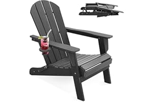 LOUNZY Folding Adirondack Chair with Cup Holder, HDPE All-Weather Folding Patio Chair, Outdoor Patio Adirondack Chair for Lawn Porch Garden Backyard Deck Fire Pit, Gray