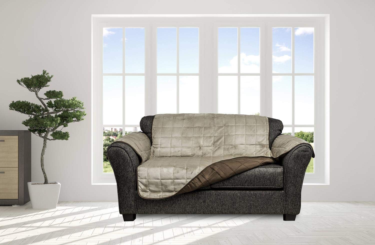 Quickfit Mazi Geo Reversible Sofa Grey, Chocolate-Taupe, Chair Cover