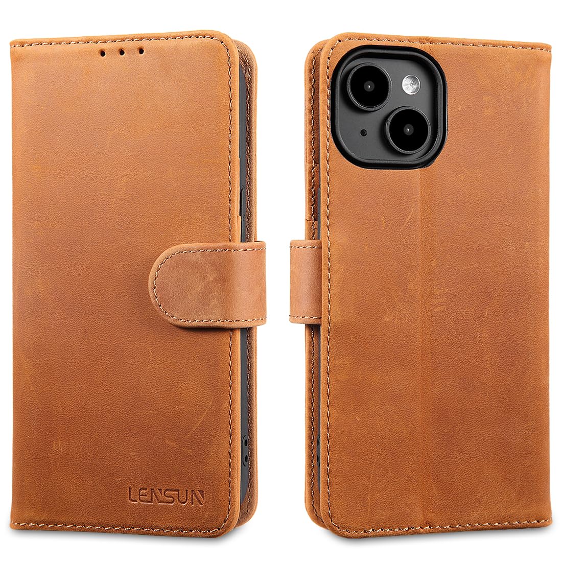 LENSUN Flip Case for iPhone 15, Genuine Leather Wallet Phone Cover [RFID Blocking] with Card Holder and Magnetic Closure Compatible with Apple iPhone 15 - Vintage Brown — image 1