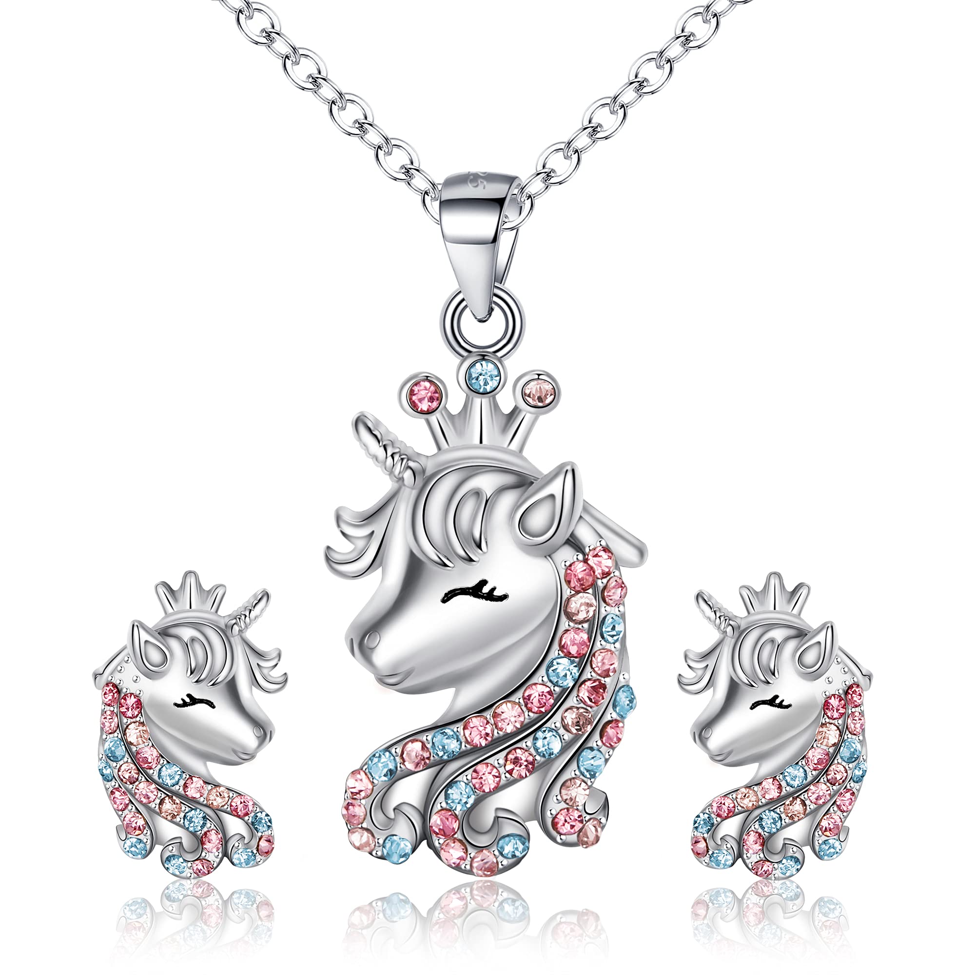 Ever Faith Unicorn Jewellery Set for Girls, 925 Sterling Silver Multicolor CZ Unicorns Necklace Earrings Sets Birthday Christmas Jewelry Gifts for Daughter Granddaughter
