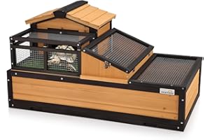 ZENTAVO 3-Room Large Tortoise Habitat with Pull-Out Tray, Wooden Tortoise Enclosure Indoor & Outdoor with Ramp, Grass Mat, Openable Roof, Luxurious Reptile Enclosure for Small Animals, Yellow