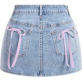 MakeMeChic Women's Denim Skirt High Waist Bow Pocket Bodycon Y2K Mini Jean Skirts