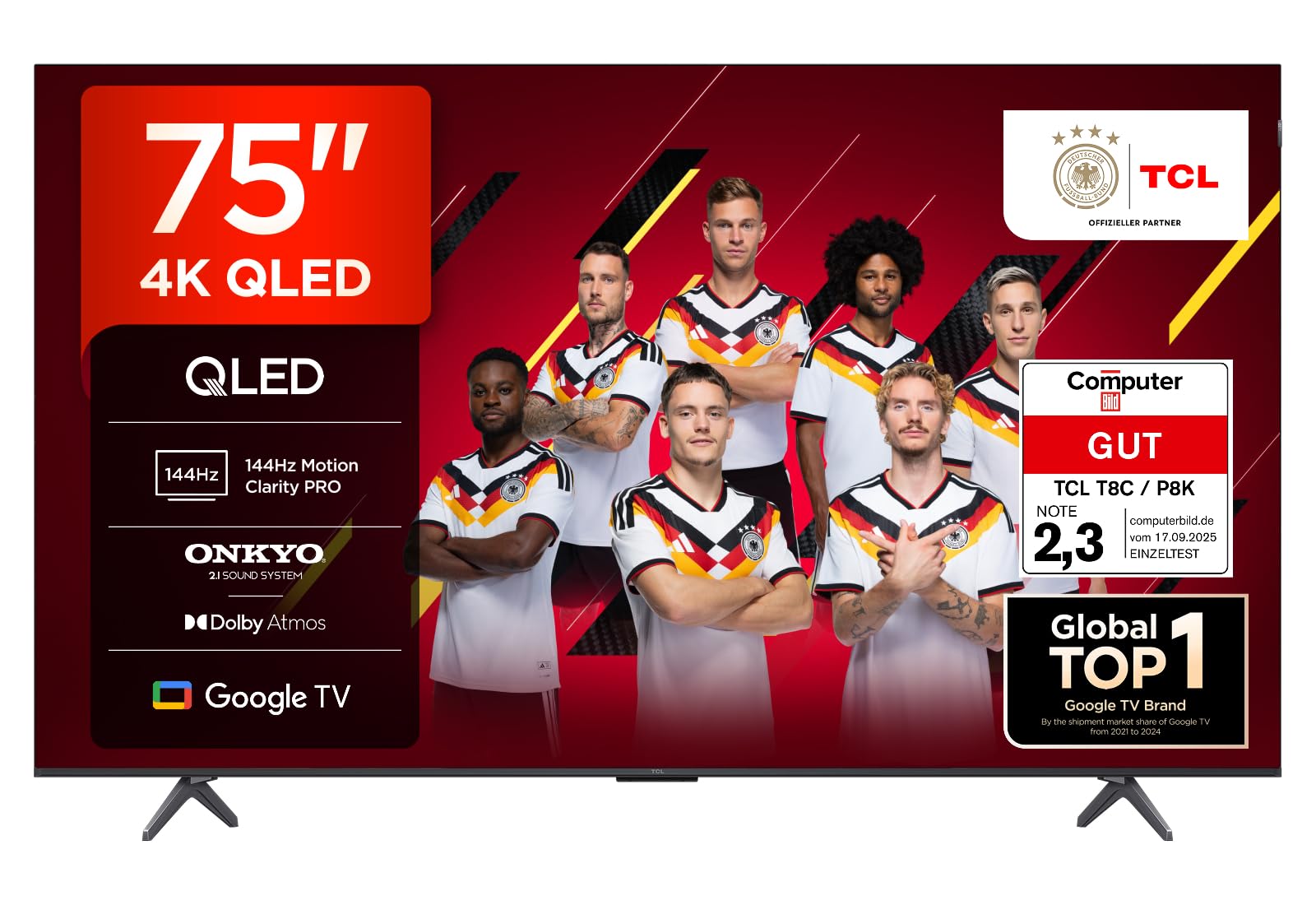 TCL 75T8C 75 Zoll QLED 4K HDR UHD Fernseher, Smart Google TV Dolby Vision Atmos,144Hz Motion Clarity Pro, Game Bar, ALLM, FreeSync, Onkyo 2.1 Sound,Sprachsteuerung, Kompatibel mit Google Assistant