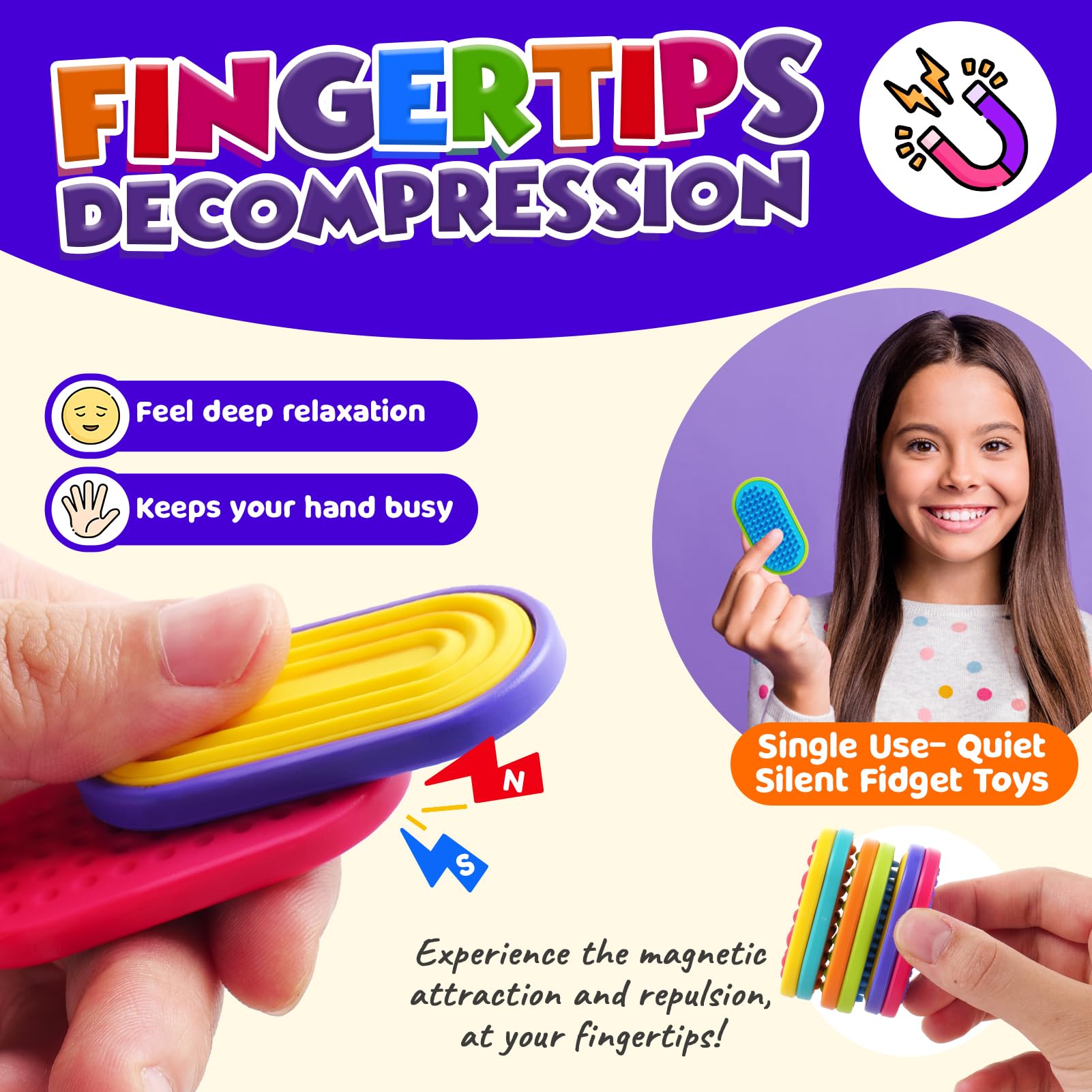 Sensory Fidget Magnet Toys for Kids: Silicone Magnetic Sliders Stress Fidgets for Autism, Anxiety Relief Small Fidget Toys for Adults Office Desk / Travel Classroom Must Haves, Stocking Stuffers Gifts