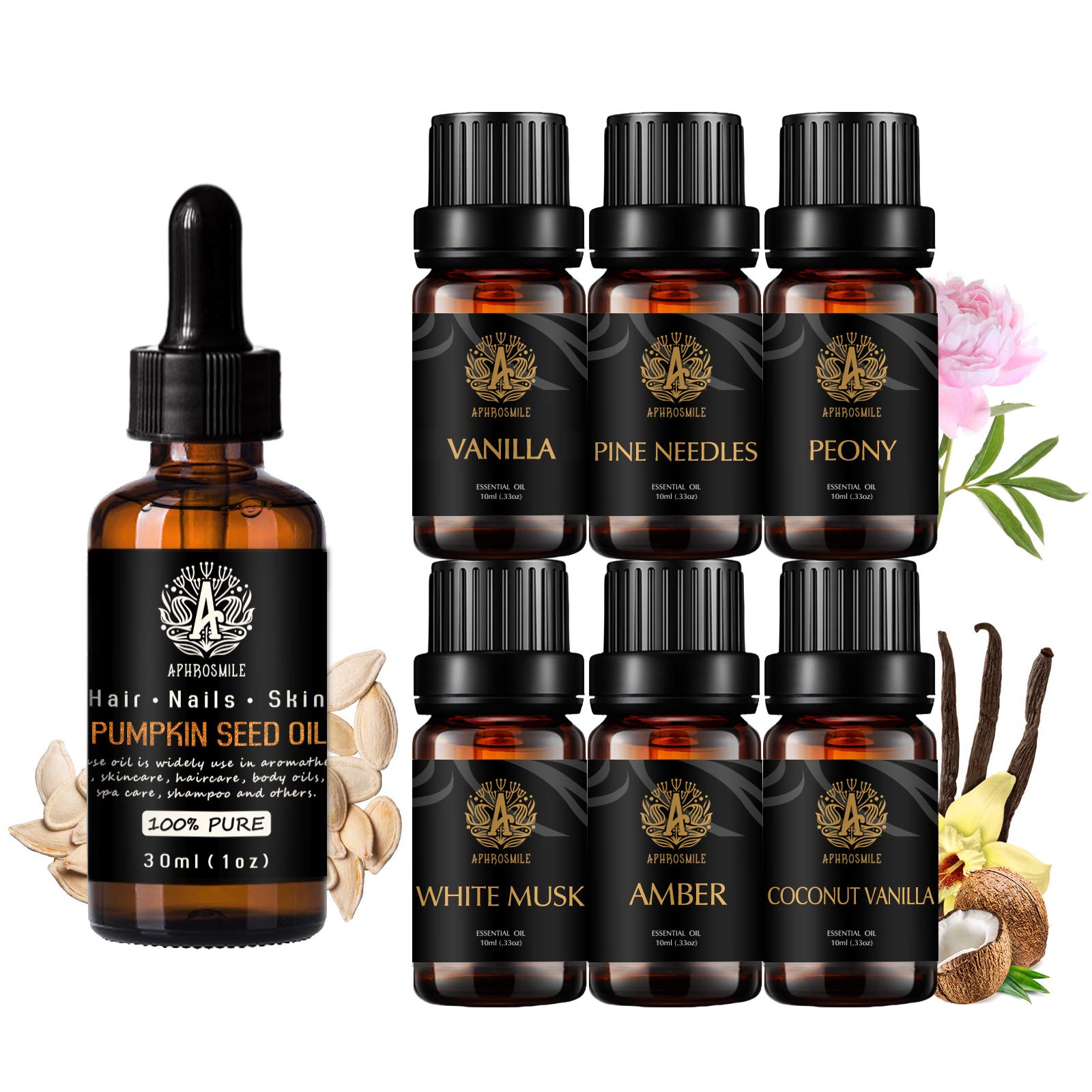 100% Pure Coconut Vanilla Essential Oil Set for Diffuser, 100% Pure Pumpkin Seed Essential Oil, 7x10ml Aromatherapy Amber Oils Set - Peony, Pine Needles, Vanilla, White Musk Oils for Massage