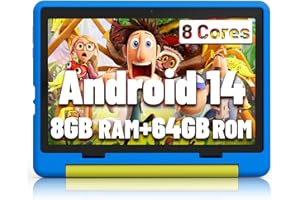 Jeazans Kids Tablet｜Upgraded Android 14 Tablet 10 inch for Kids with Protective Case｜Octa-Core｜64GB｜1TB TF Card Expandable｜Dual Camera｜Parental Control｜Great Gift for Toddler(Blue)