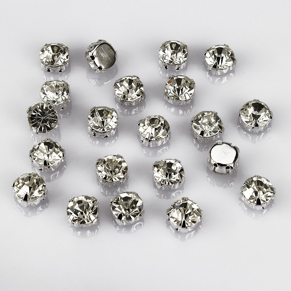 LolliBeads (TM) 50 Pcs Crystal Ringed Sew on Rhinestone Czech Glass with Silver Plated Brass Base Prongs Cup, White 8 mm