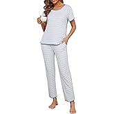 Namatime Womens Pajama Sets Cotton 2 Piece Lounge Set Stripe Short Sleeve Pj Set Comfy Loungewear Sleepwear with Pockets