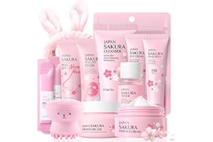 EVOLVIQUE Skincare Kit Sakura Teen Girls Gifts - Skin Care Set Travel Size Toiletries - Sakura Skin Care for Teens 10-12 Hydrating - Teen Facial Kit Gift Set for Women with Bunny Headband（11PCS）