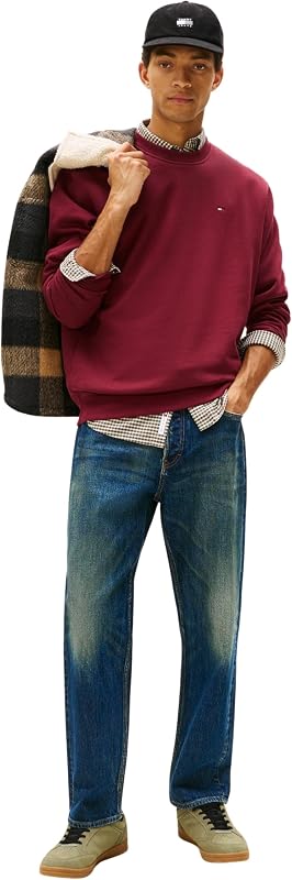 Herren Sweatshirt Regular Fit Flag Fleece Rundhalsausschnitt, Rot (Red Wine), XS