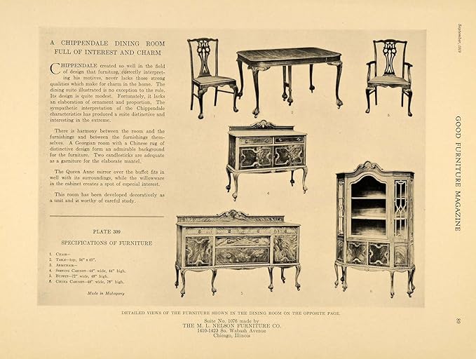 1919 Print M. L. Nelson Furniture Buffet Chair Original