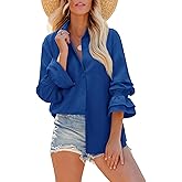 Gleeivy Oversized Button Down Shirts for Women Smocked Cuffed Long Sleeve Button Up Shirts Boyfriend Collared Top with Pocket