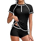 TyeSmo Girls Swimsuit Rash Guard Bathing Suit for Girls 2 Piece Short Sleeve Solid Color UPF 50+ Padded Zip Swimwear 7-14y