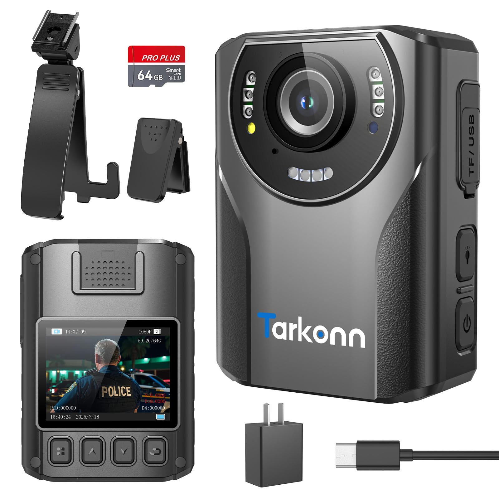 Tarkonn Body Camera, 1080P FHD Body Cam with Night Vision, 4000mah Battery, GPS, 64G Body Worn Camera for Law Enforcement