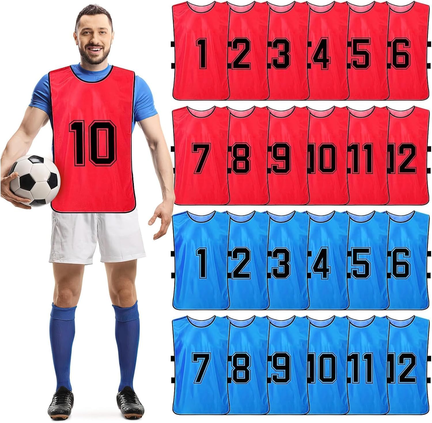 24 Pcs Scrimmage Training Vest - Soccer, Basketball, Football Bibs/Pinnies, Reversible Numbered Team Sports Pinnies Jerseys (Red & Blue)