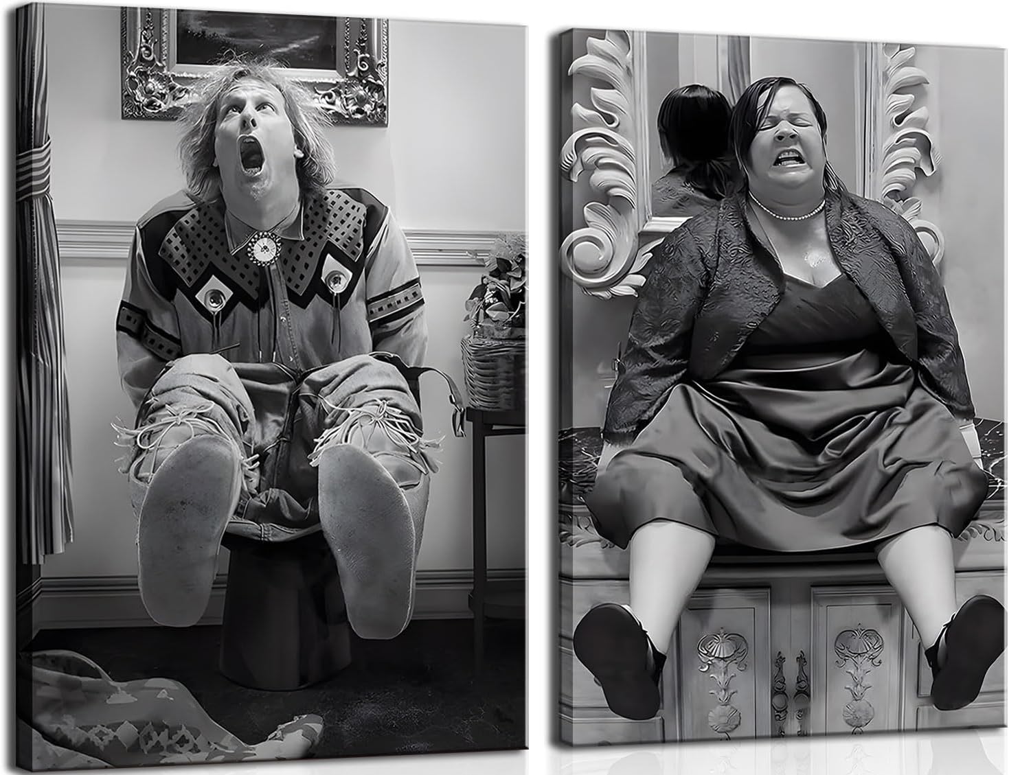 Wall Décor - Funny Bathroom Wall Art Set of 2 - Black and White Vintage Humor Bathroom Wall Decor, Dumb And Dumber Movie Posters Bathroom Art, Funny Bathroom Decor Canvas Wall Art 12x16in Framed