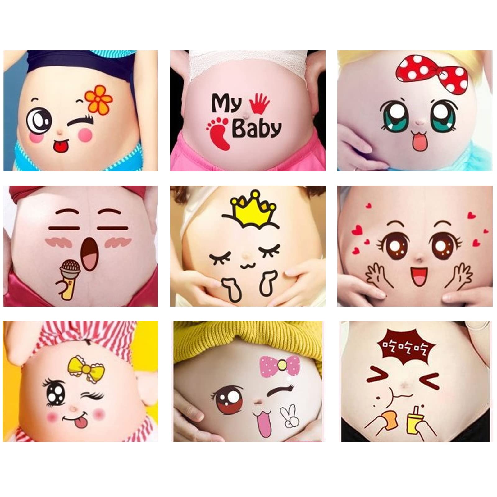 Nirbffo Belly Sticker Girls Bow Love Cute Cartoon Big Eyes Expression Pregnant Facial Photographs Belly Sticker Memento Photo Prop 10 Pieces/Set