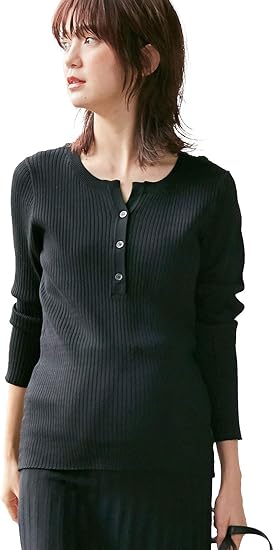 Amazon Co Jp Angeliebe エンジェリーベ マタニティ 授乳服 トップス 授乳しやすい リブキーネックニット 産前 産後 妊婦服 長袖 フリー ブラック 服 ファッション小物