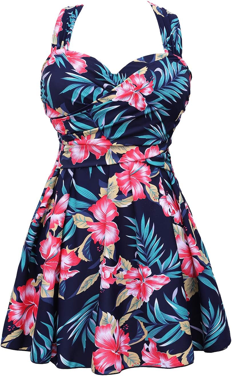 COCOPEARWomen's Elegant Crossover One Piece Swimdress Floral Skirted Swimsuit