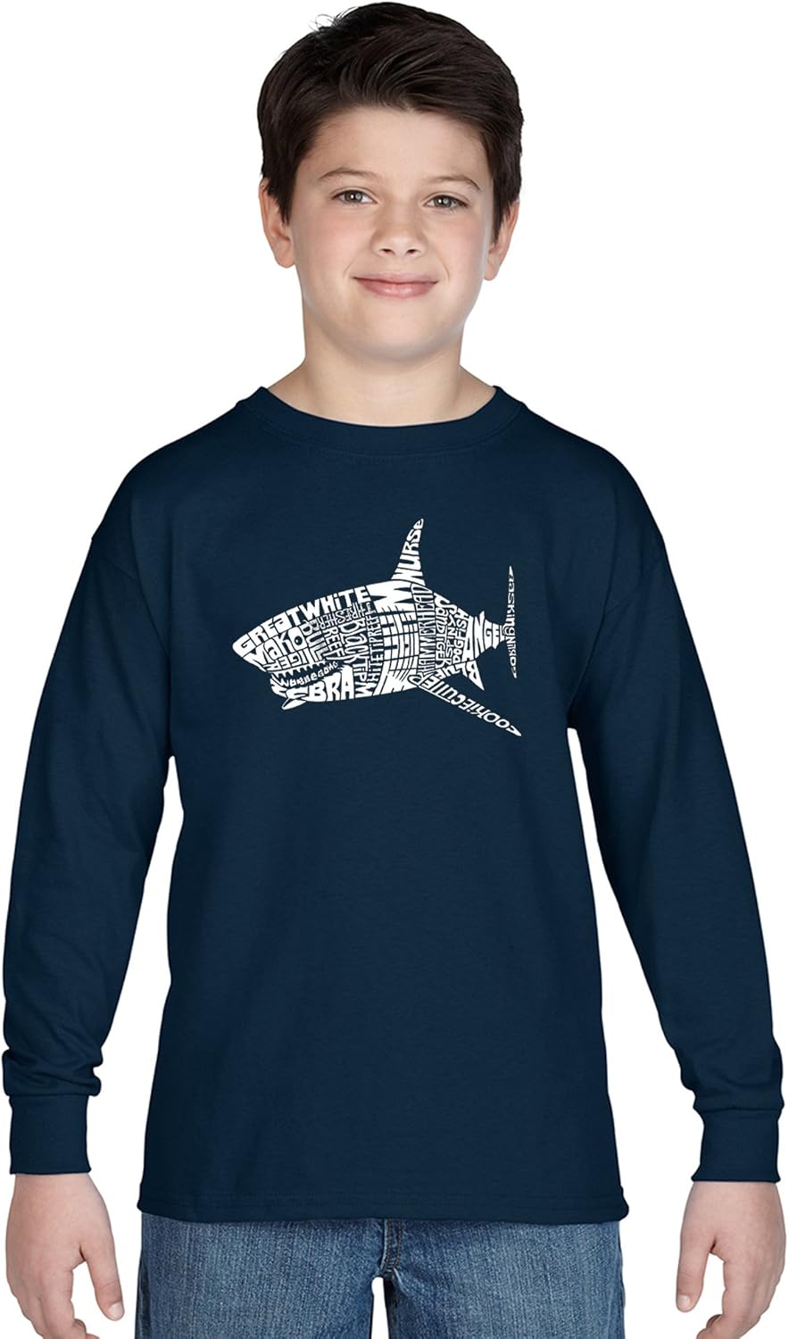 LA POP ART Boy's Long Sleeve Word Art T-Shirt - Species of Shark