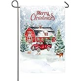 Merry Christmas Garden Flag Red Truck Barn Farm 12 x 18 Inch Double Sided Winter Snow Vintage Pickup Christmas Tree Deer Elk House Yard Flag Rustic Farmhouse Outside Decor New Year Xmas Holiday Yard