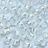 Jmassyang 100 Pieces 6mm Cube Crystal Glass Beads Square Spacer Beads with Hole for DIY Crafts Jewelry Making, Bracelets Necklaces Earrings Wind Chimes Suncatchers(White AB)