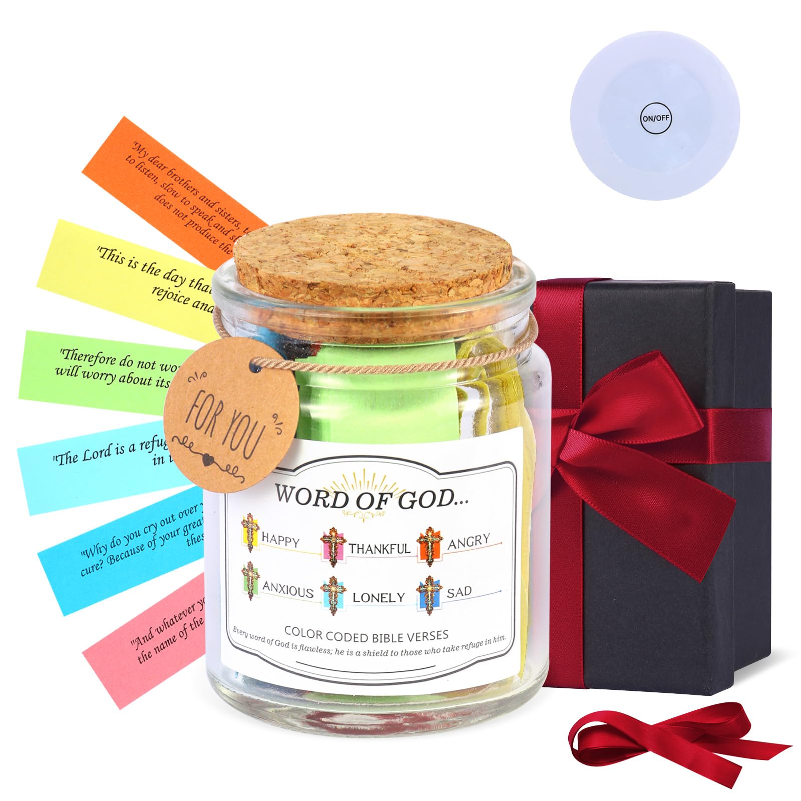 Bible Verse Jar with LED Lights & 90 Scripture Cards & 6 Color-Coded Emotions - Cork Glass Jar for Christian Gifts for Women, Perfect for Easter & Mother's Day Spiritual Comfort Gift, Gifts for Mom