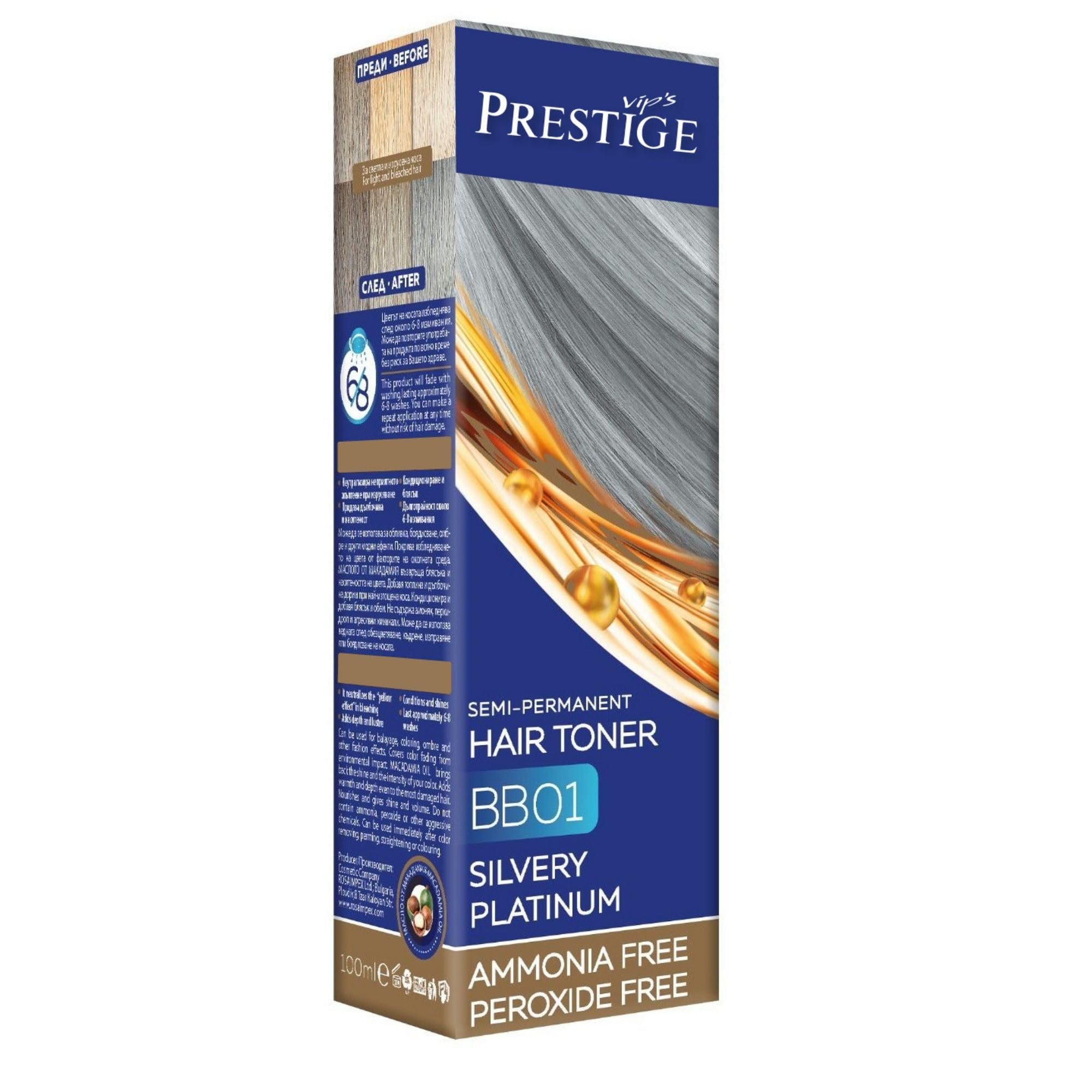 VIPs Prestige BeBlonde Semi Permanent Hair Toner Colour Silvery Platinium BB01, No Ammonia No Peroxide