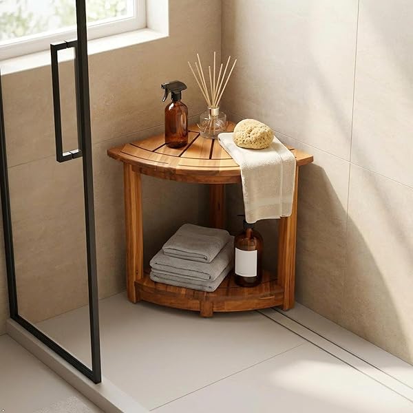 VICTORY RELAX ACACIA WOOD CORNER SHOWER SHELF FOR INSIDE SHOWER – WATERPROOF SHOWER BENCH & FOOT REST FOR SHAVING LEGS, SMALL BATHROOM SPA SEAT, NATURAL COLOR (17.9″)
