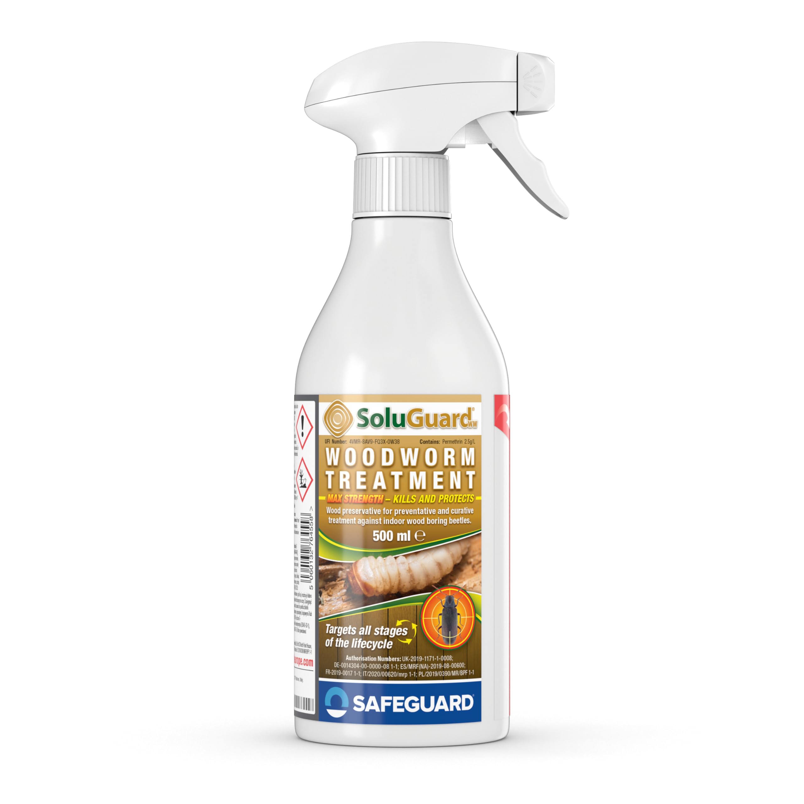 SAFEGUARD Soluguard Woodworm Treatment - Insects, Ready For Use High Strength Woodworm Killer Spray (500ml, Pale Yellow Liquid)