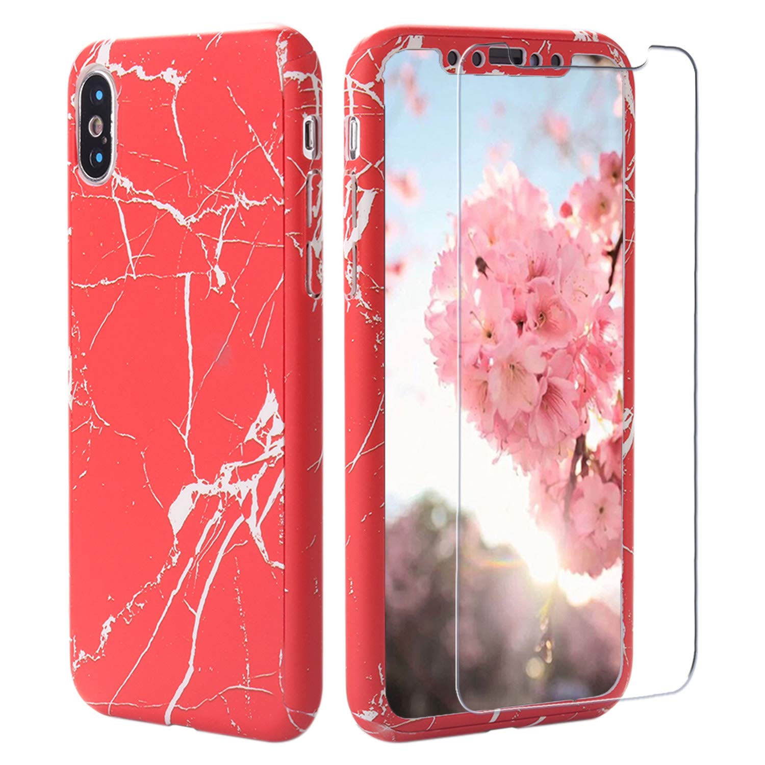 iPhone XS MAX Marble Case+Screen Protector, iPhone XS MAX Case Pattern, ZXK CO 3 in 1 Front and Back Case with Tempered Glass 360 Full Cover Shockproof Dustproof PC Hard Case+Film, 6.5'' Red
