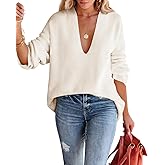 Imily Bela Womens Oversized Deep V Neck Sweaters Sexy Long Sleeve Tunic Sweater Knitted Dressy Pullover Jumper