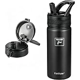 Fanhaw 18 oz Insulated Stainless Steel Water Bottle with 2 Lids (Straw &amp; Spout) &ndash; Wide Mouth Thermal Travel Mug for Gym, School, Work, Travel &amp; Everyday Use (Black)