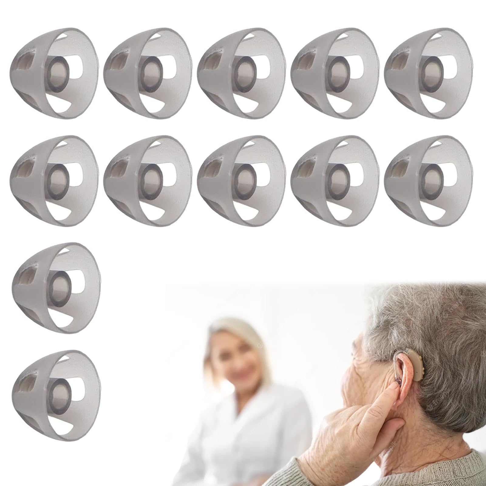 12 PCS Hearing Aid Domes, Soft Silicone Replacements Black Layer Open Dome Removable Hearing Aid Eartips, 10 mm Hearing Aids Ear Tips Accessories for Moderate Elderly Hearing Loss Impairments (M)