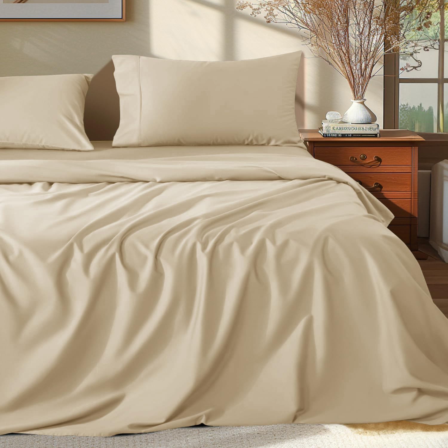 Photo 1 of Shilucheng 100% Egyptian Cotton Sheets Set - 1000 Thread Count?Luxury Cotton Bed Sheets?Breathable & Cooling Bedding and Pillow Cases, 16 Inch Deep Pocket - 4 Piece (California King, Beige)