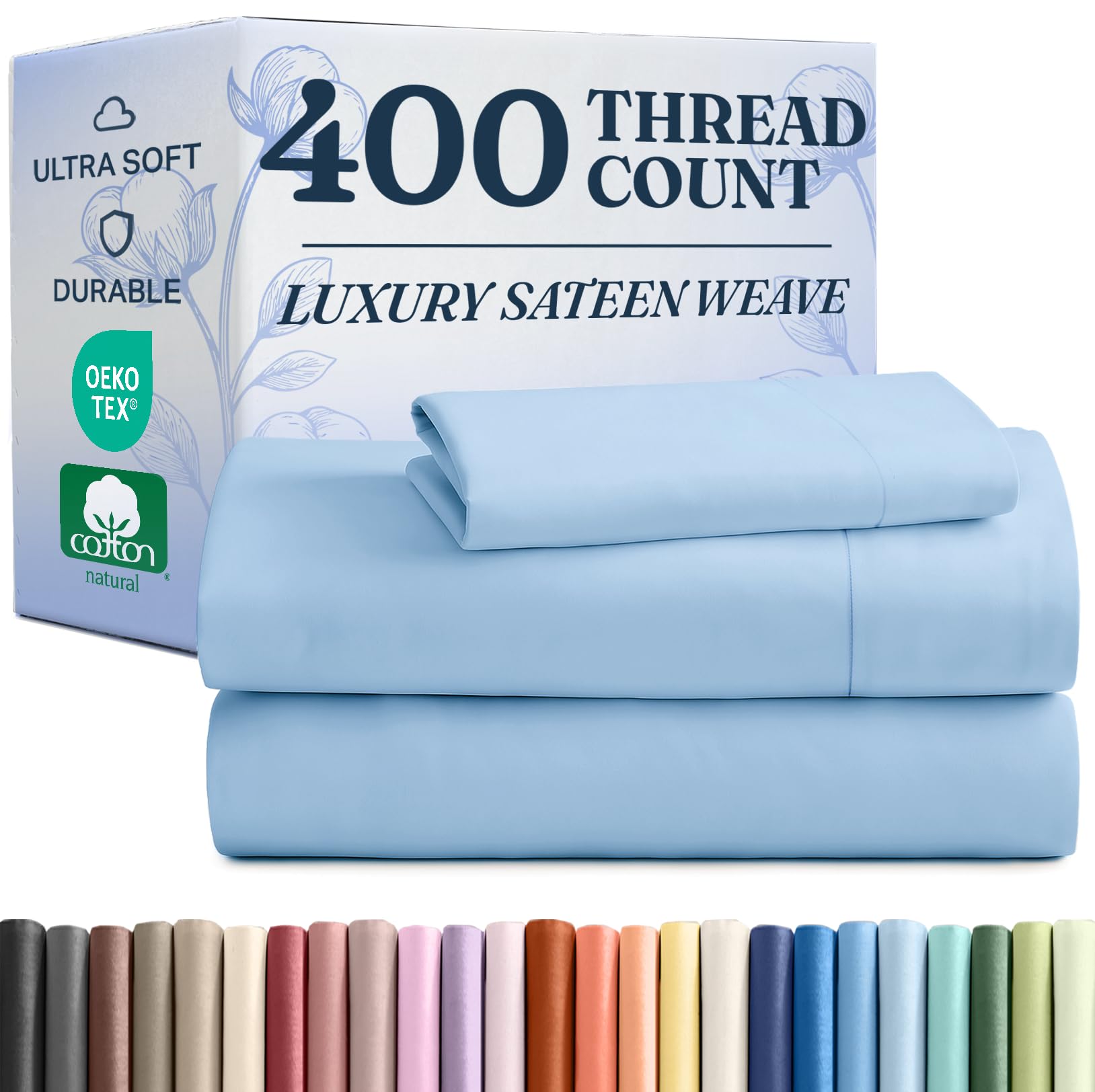 Photo 1 of 400 Thread Count Cotton Sheet Set - Twin XL Size 100% Cotton Sheets - Easily Fits 8" to 16" Mattress - Silky-Soft, Wrinkle Free & Comfortable - Deep Pockets & Hotel Quality Bedding Set - Light Blue
