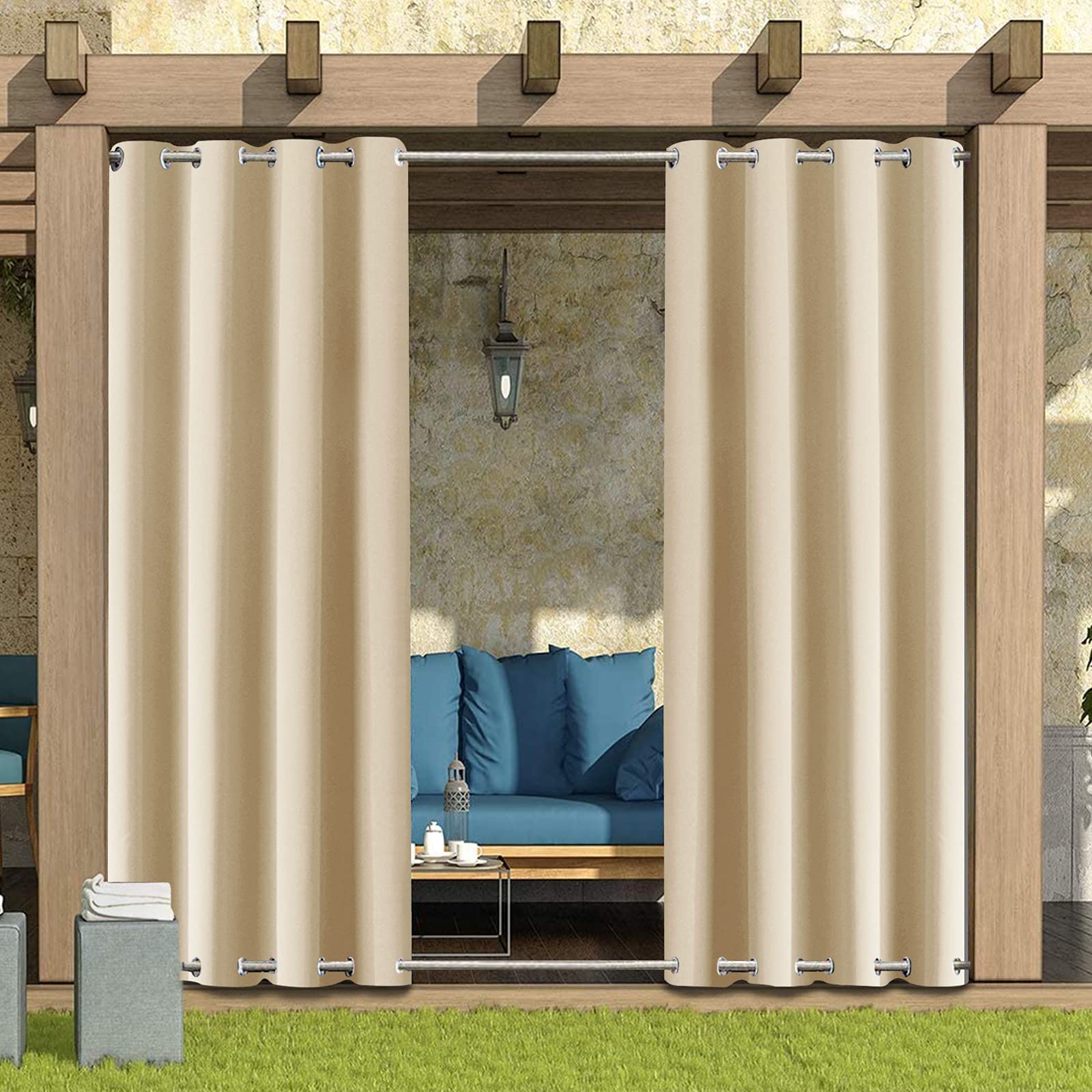 Outdoor Curtains Waterproof with Grommet (Top and Bottom) - Garden Gazebo Patio Windproof Blackout Thermal Insulated Privacy Outdoor Curtain for Pergola Porch Pool (Beige, 1 Panel 52" x 84")