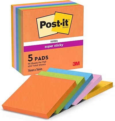 Post-it Super Sticky Notes 450 Sheets Pack of 5 76x76 mm Bright Colors
