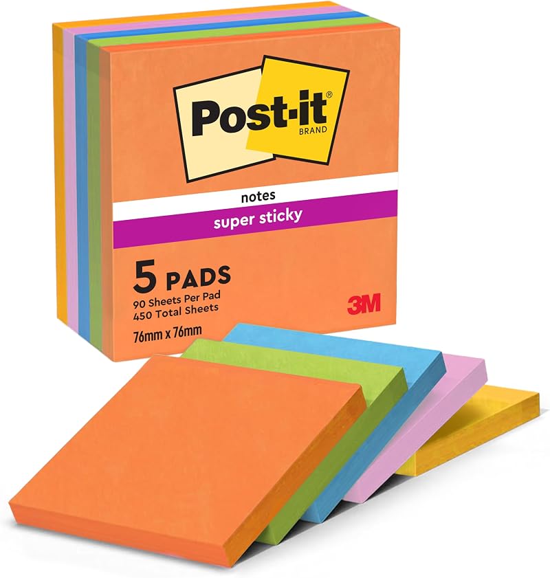 Post-it Super Sticky Notes 450 Sheets Pack of 5 76x76 mm Bright Colors