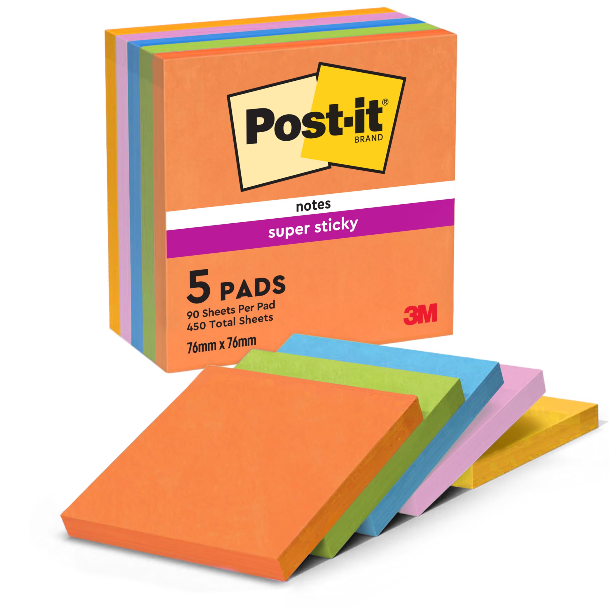 Post-it Super Sticky Notes, 450 Sheets, Pack of 5 Pads, 76 mm x 76 mm - Holds Strong to Many Surfaces - Bright Colours - for Walls, Monitors and Fridge, Recycable