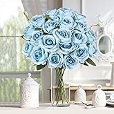 20PCS Artificial Roses with Long Stems - Realistic Silk Flowers, Fake Roses Real Touch Bouquet of Roses for Home Decor, Bridal Wedding Party Table Centerpieces, Bulk Faux Rose Flowers ( Sky Blue )