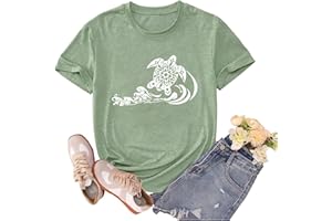 QFM Sea Turtle T Shirts Sea Wave Graphic Tees for Women Vintage Hawaiian Beach Shirts Summer Casual Short Sleeve Tops