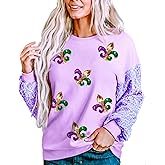 Mardi Gras Sequin Shirts for Women Patchwork Sparkle Fleur Graphic Long Sleeve Top Holiday Casual Tee