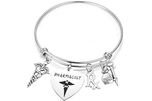 bobauna Stainless Steel Pharmacist Expandable Wire Bangle Bracelet with Medical Caduceus RX Symbol Pharmacy Charms Pharmacist Graduation Gift