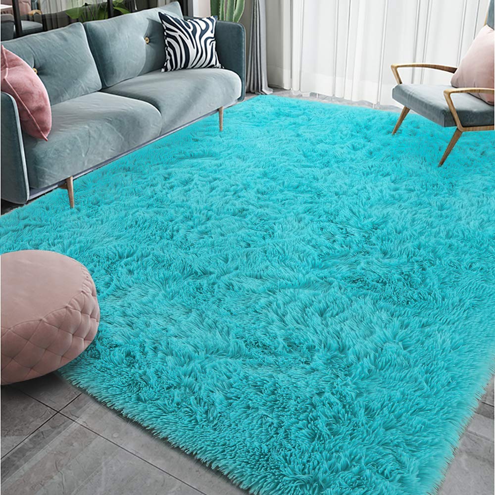 Homore Luxury Fluffy Area Rug for Bedroom Living Room Soft Carpets, Super Cute Comfortable Shag Rugs Modern Carpet for Kids Nursery Girls Home, 3x5 Feet Teal Blue