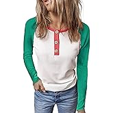 KINLONSAIR Women Raglan Long Sleeve Crew Neck Tunic Regular Fit T-Shirts Color Block Fall Button Down Henley Shirts
