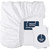 LANE LINEN Fitted Sheet Full Size, 100% Organic Cotton, 3-Piece Set (1 Fitted Sheet, 2 Pillowcases) Percale Weave, Bed Fitted Sheets, Breathable, Fits Mattress Upto 15" Deep - White (No Flat Sheet)