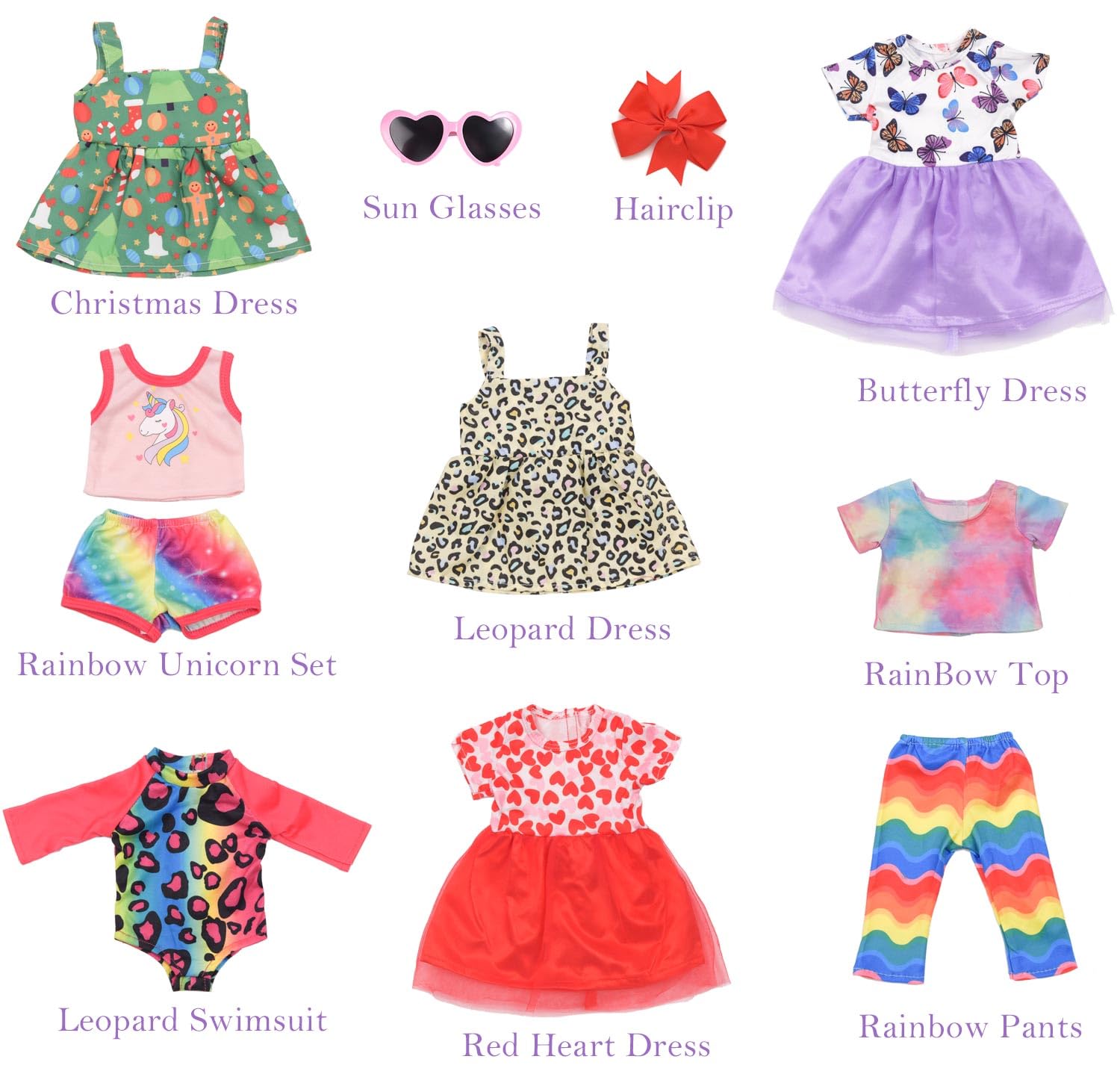 Sweet Dolly 18 Inches Doll Clothes Accessories Sets, Fashion Doll Clothes Unicorn Rainbow Butterfly Leopard Dresses Glasses Fit 18 Inch Dolls