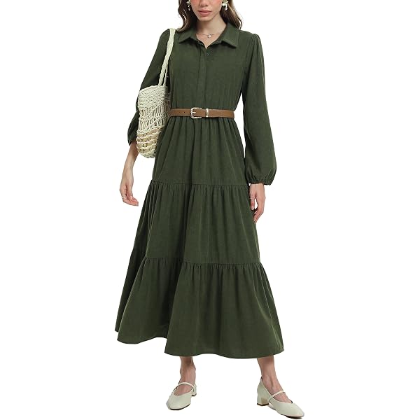 maxi corduroy dress Women's Shirt Button Up 3/4 Sleeve Flowy Tiered Ruffle Hem Casual Spring Long Dress with Pockets Coffee at Amazon Women's Clothing store 98% Cotton Color:Purple floral Iconic dress worn by live:10-3-25
